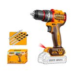 Taladro percutor inalámbrico 1/2 pulgadas Brushless 20V 66Nm Ingco, equipo color naranja con juego de brocas y su caja