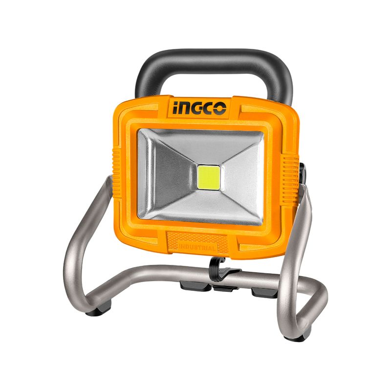 Lámpara portátil inalámbrica 20V sin batería 1800 lúmenes Ingco, vista frontal con cuerpo naranja y soporte metálico gris