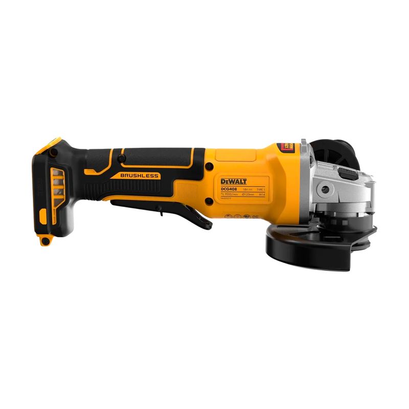 Esmeriladora angular inalámbrica brushless 4-1/2" 20V DeWalt, vista lateral completa del cuerpo amarillo y negro