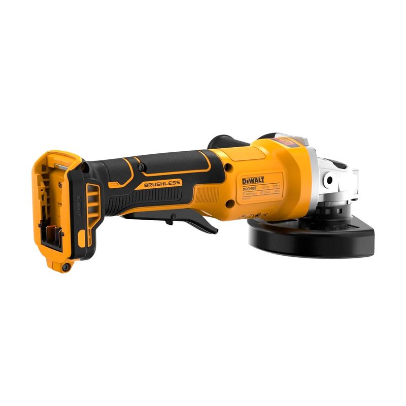 Esmeriladora angular inalámbrica brushless 4-1/2" 20V DeWALT, vista lateral del cuerpo amarillo y negro sin batería