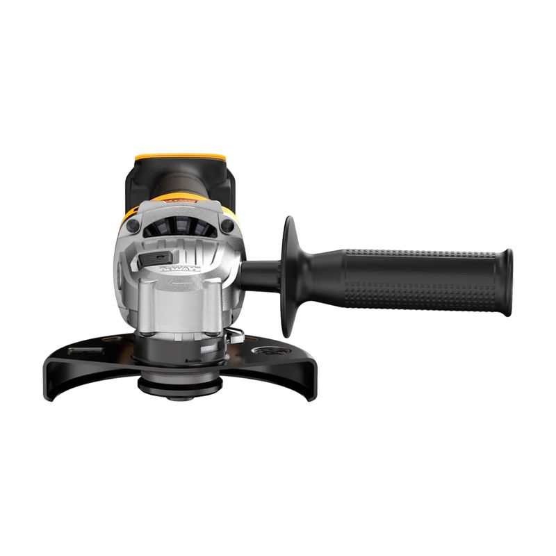 Esmeriladora angular inalámbrica brushless 4-1/2 pulgadas 20V DCG408P2-B3 DeWALT, vista lateral con mango auxiliar negro