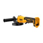 Esmeriladora angular inalámbrica brushless 4-1/2 pulgadas 20V DeWALT, vista lateral con mango auxiliar y batería puesta