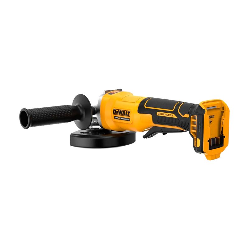 Esmeriladora angular inalámbrica brushless 4-1/2 pulgadas 20V DeWALT, vista lateral con mango auxiliar y batería puesta