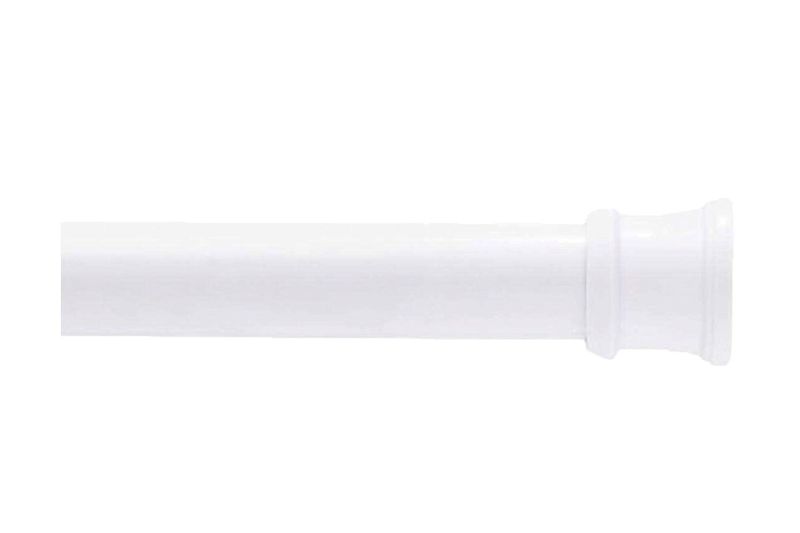 Tubo de baño ajustable 72 pulgadas blanco Kennedy, primer plano del extremo con soporte de pared