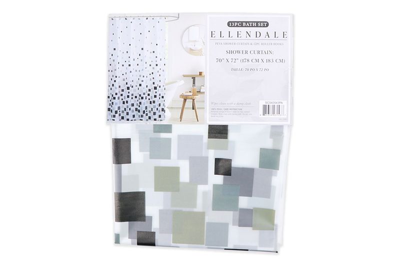 Cortina de baño con aros 13 piezas blanca PEVA CHD Home, empaque plástico con diseño de cuadros grises y verdes