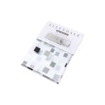 Cortina de baño con aros 13 piezas blanca PEVA CHD Home, doblada en su empaque con diseño de cuadrados grises y celestes