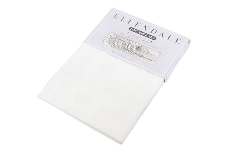 Cortina de baño con aros 13 piezas transparente PEVA CHD Home, empaque original con caja blanca y aros visibles