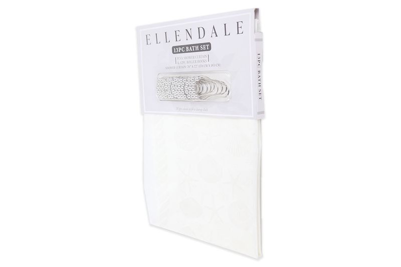 Cortina de baño con aros 13 piezas transparente PEVA CHD Home, empaque original con caja blanca y visor de los aros