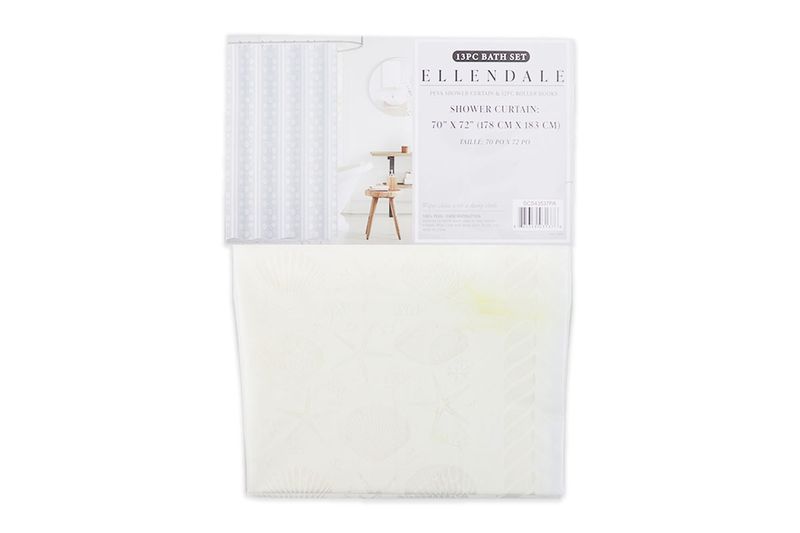 Cortina de baño con aros 13 piezas transparente PEVA CHD Home, empaque plástico con etiqueta blanca y foto del producto