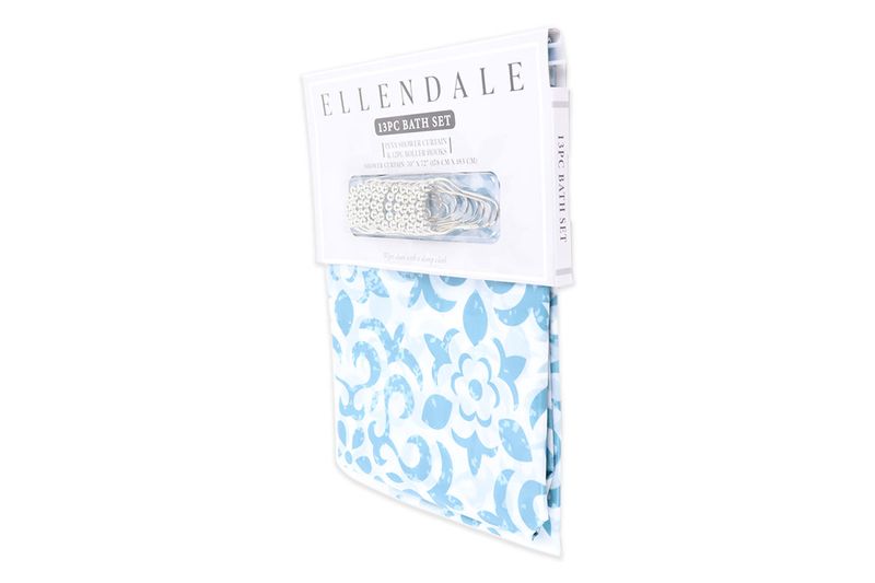 Cortina de baño con aros 13 piezas azul/celeste PEVA CHD Home, empaque original con etiqueta y muestra del diseño floral