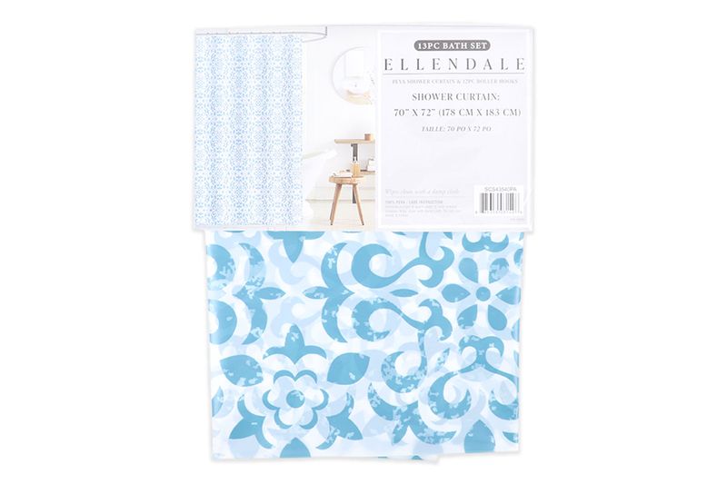 Cortina de baño con aros 13 piezas azul/celeste PEVA CHD Home, empaque cerrado con etiqueta blanca y detalle del diseño