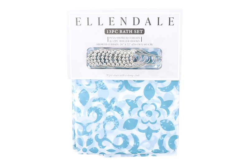 Cortina de baño con aros 13 piezas azul y celeste PEVA CHD Home, empaque con aros plateados y tela doblada