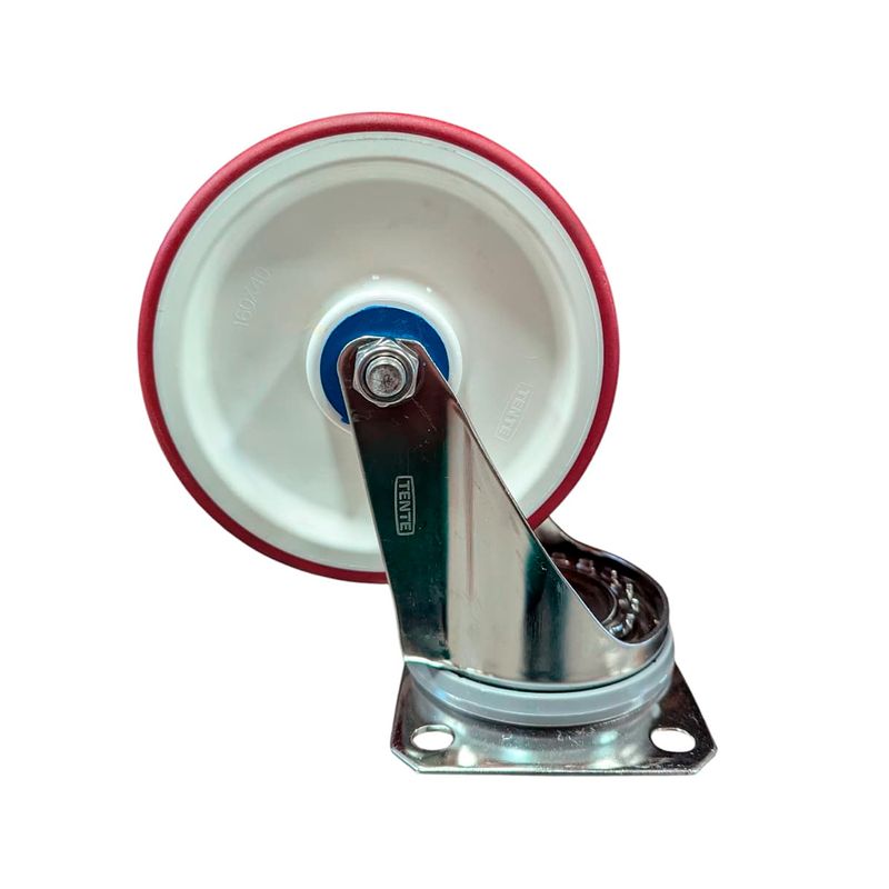 Rodo flange giratorio burdeos inox. de 160 mm y 350 kg Tente, vista lateral detallando el eje y la base de fijación