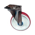 Rodo flange giratorio Burdeos inox. 160 mm 350 kg Tente, vista en ángulo del soporte metálico y rueda blanca con borde rojo