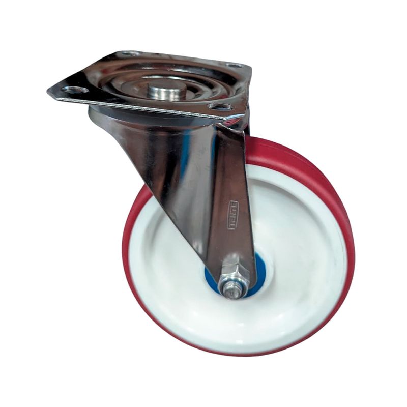 Rodo flange giratorio Burdeos inox. 160 mm 350 kg Tente, vista en ángulo del soporte metálico y rueda blanca con borde rojo