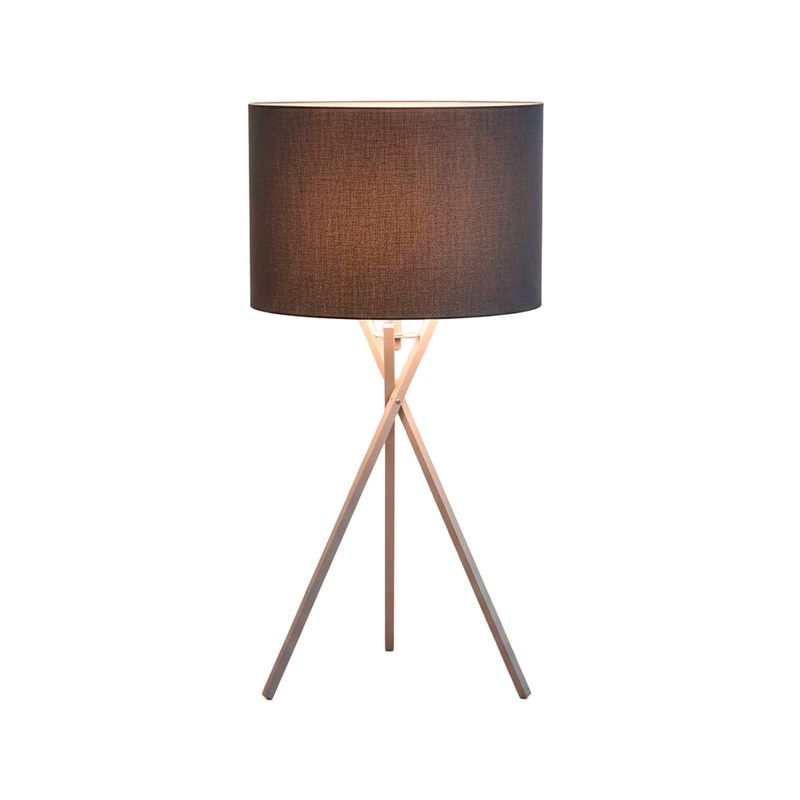 Lámpara de pedestal Paola 41 cm de tela negro/plateada Concepts, vista frontal con pantalla negra y trípode de madera