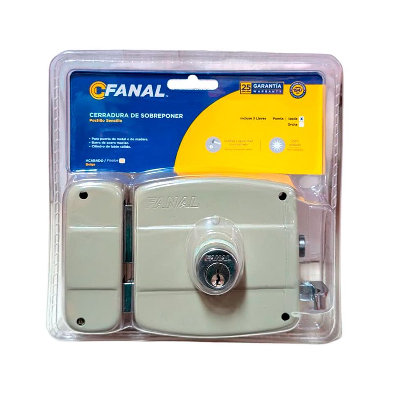 Cerradura parche sencilla 5P cilindro suelto izquierda beige Fanal, vista frontal en su empaque plástico transparente