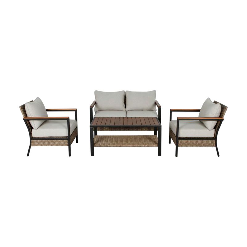 Set mueble para terraza 4 piezas contemporáneo Living Accents, vista frontal del sofá, dos sillones y mesa de centro
