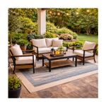 Set mueble para terraza 4 pz contemporáneo Living Accents, juego completo ambientado en patio con alfombra azul y decoración
