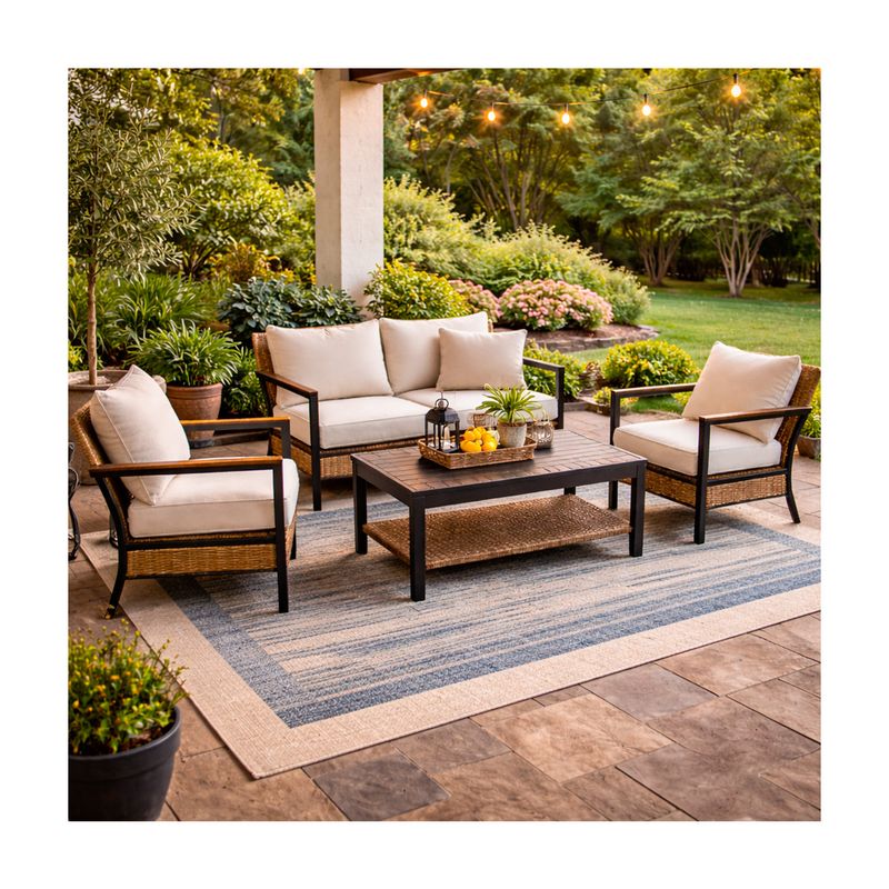 Set mueble para terraza 4 pz contemporáneo Living Accents, juego completo ambientado en patio con alfombra azul y decoración