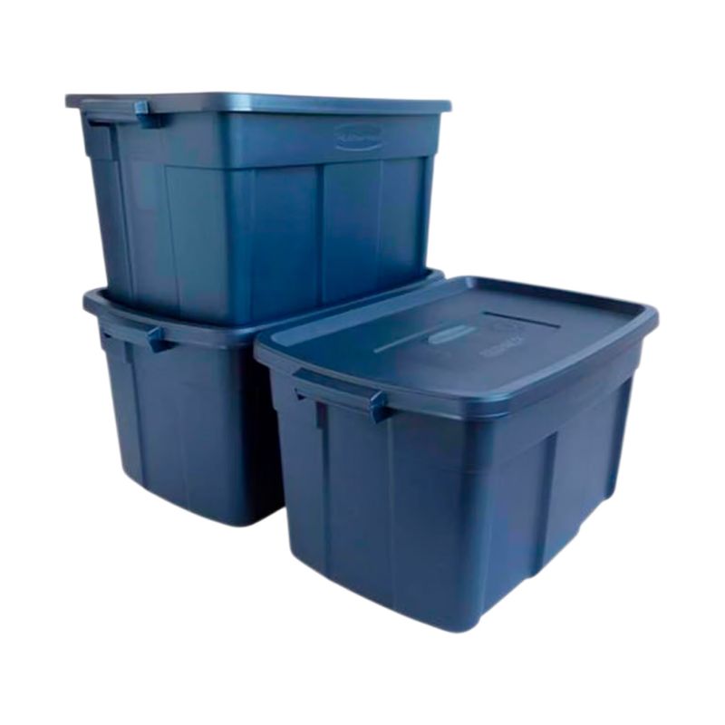 Caja organizadora con tapa 31 galones plástico navy Rubbermaid, conjunto de tres contenedores apilados en color azul