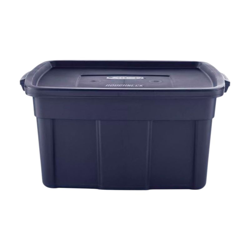 Caja organizadora con tapa 31 galones plástico navy Rubbermaid, vista frontal del contenedor cerrado con tapa