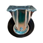 Rodo flange fijo Alpha de 125 mm uso intensivo 100 kg Tente, vista frontal del soporte metálico cromado y rueda negra