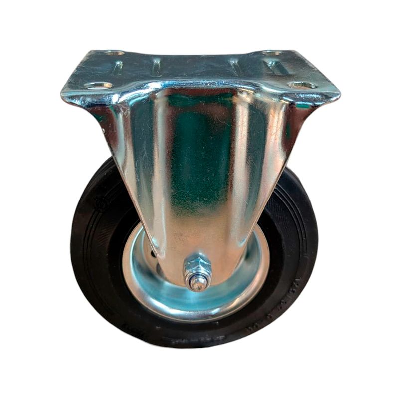 Rodo flange fijo Alpha de 125 mm uso intensivo 100 kg Tente, vista frontal del soporte metálico cromado y rueda negra
