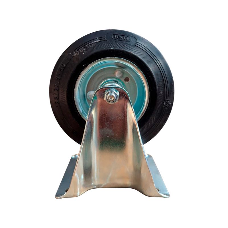 Rodo flange fijo Alpha 125 mm uso intensivo 100 kg Tente, vista frontal del soporte metálico y la rueda negra