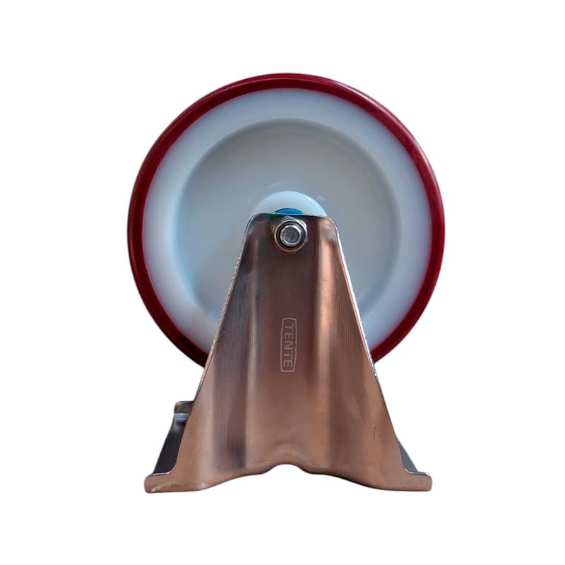 Rodo flange fijo burdeos inox. 125 mm 200 kg Tente, vista frontal del soporte metálico con marca grabada y rueda