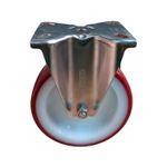 Rodo flange fijo burdeos inox. de 125 mm y 200 kg Tente, vista frontal con soporte metálico y rueda roja
