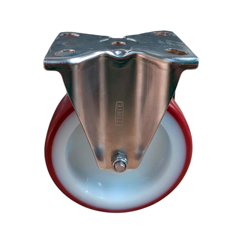 Rodo flange fijo burdeos inox. de 125 mm y 200 kg Tente, vista frontal con soporte metálico y rueda roja