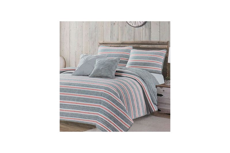 Juego de edredón Queen 5 piezas Keller Grey Blush CHD Home, cama armada con diseño de rayas grises y rosadas