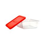 Contenedor hermético vidrio rectangular tapa Pyrex de 11 tazas, recipiente transparente con tapa roja abierta