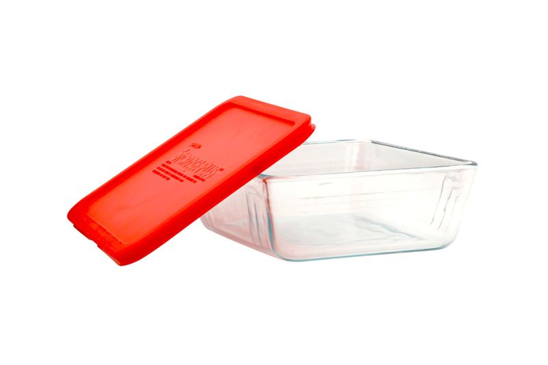 Contenedor hermético vidrio rectangular tapa Pyrex de 11 tazas, recipiente transparente con tapa roja abierta