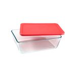 Contenedor hermético vidrio rectangular tapa 11 tazas Pyrex, recipiente transparente con tapa roja apoyada encima