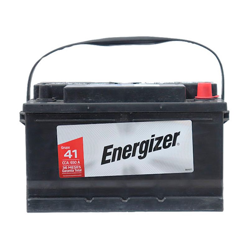 Batería Energizer EN-41-650 CCA 650 amp, vista frontal de color negro con asa de transporte y terminal positivo rojo