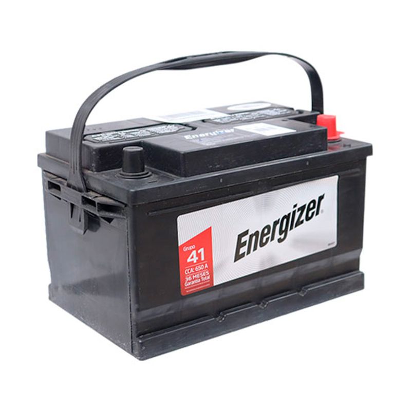 Batería Energizer EN-41-650 CCA 650 AMP, vista frontal con asa de transporte y terminal positivo rojo