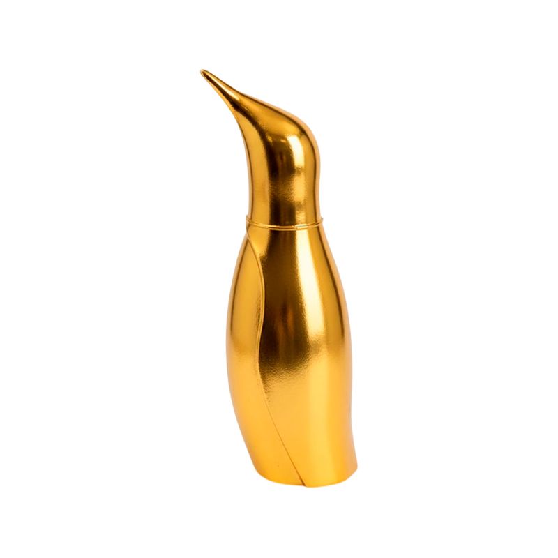 Figura decorativa pingüino 15 x 12 x 37 cm dorado Concepts, vista lateral del adorno con acabado brillante
