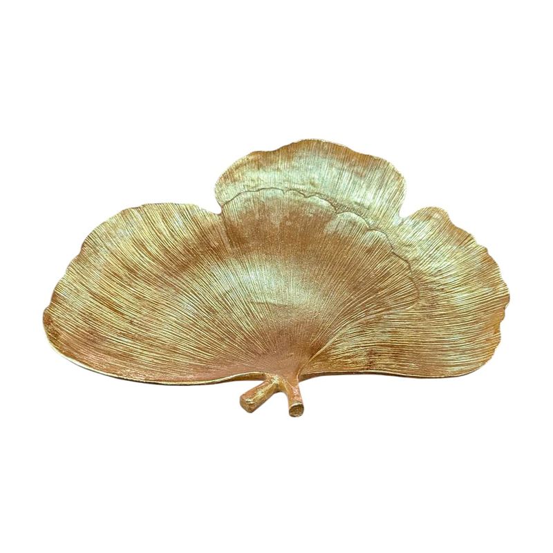 Centro decorativo 31.5 x 22.5 x 6 cm dorado Concepts, vista superior con forma de hoja y textura nervada