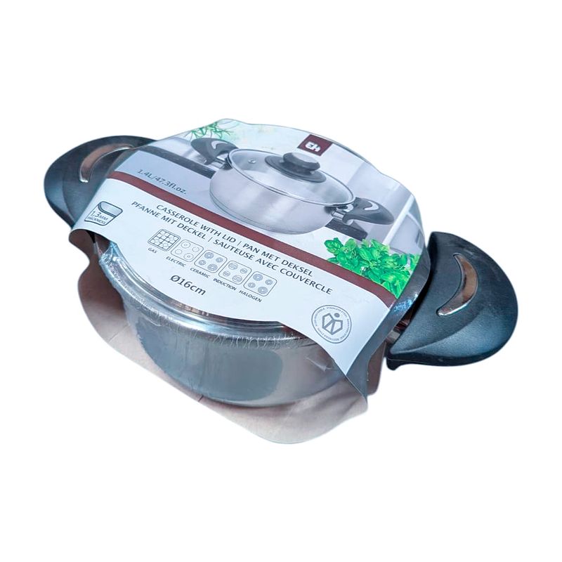 Olla de acero inoxidable 160 x 95 mm Koopman, envuelta en plástico con etiqueta informativa y tapa de vidrio