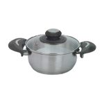 Olla de acero inoxidable 160 x 95 mm Koopman, vista frontal con tapa de vidrio y asas negras