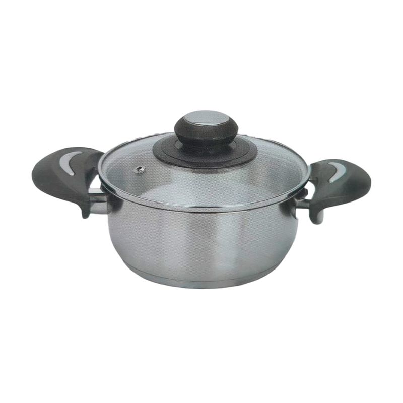 Olla de acero inoxidable 160 x 95 mm Koopman, vista frontal con tapa de vidrio y asas negras