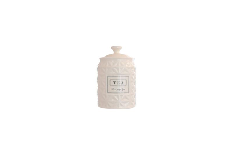 Envase dolomita blanca para almacenar té 10 x 15 cm Concepts, vista frontal con tapa y etiqueta que dice Tea Storage jar