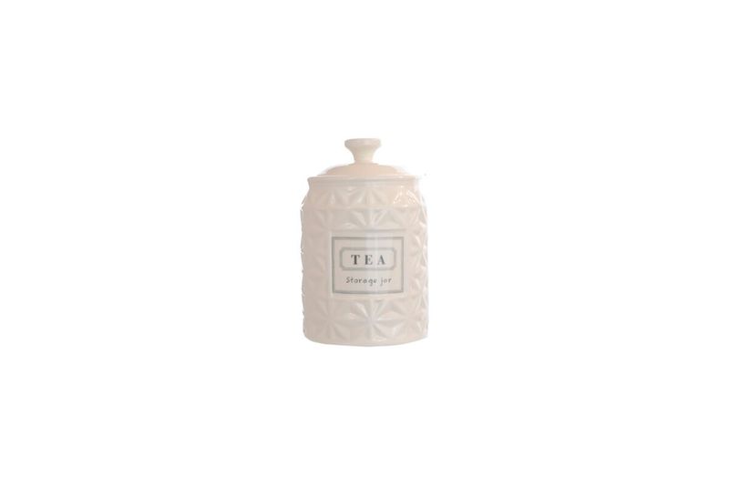 Envase dolomita blanca para almacenar té 10 x 15 cm Concepts, vista frontal del frasco con tapa y etiqueta que dice Tea