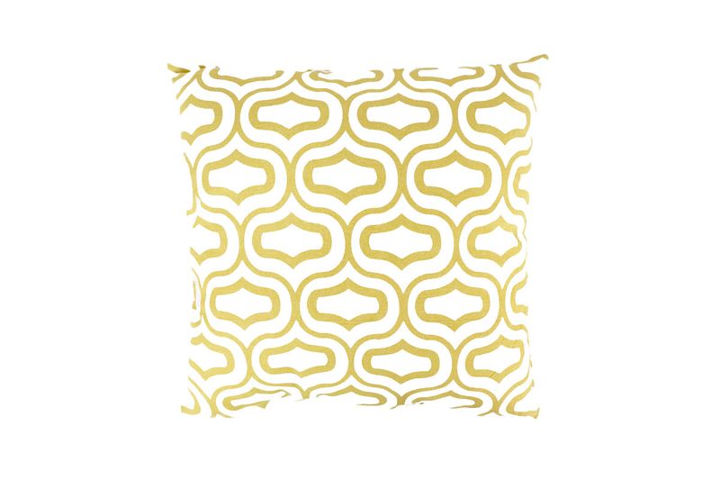 Cojín decorativo 45x45 cm blanco grabado amarillo mostaza Concepts, vista frontal detallando el patrón geométrico