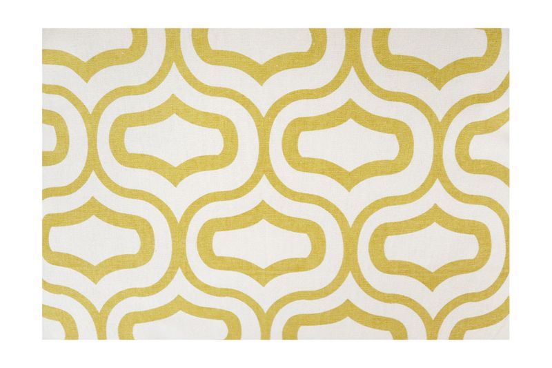 Cojín decorativo 45x45 cm blanco grabado amarillo mostaza Concepts, primer plano detallado de la textura y el estampado