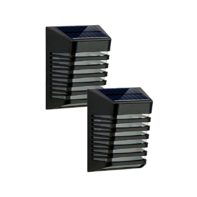 Luminaria solar pared aplique deco 2 pack Hoggan, par de lámparas negras con panel solar superior y rejilla frontal