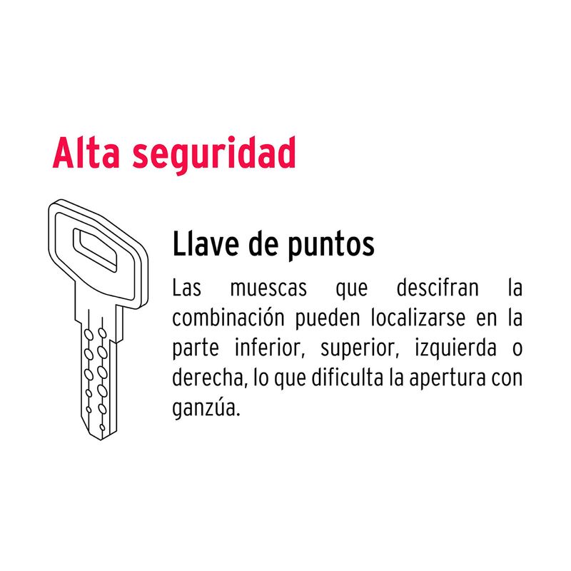 Cerradura pichel Porto cromo llave-mariposa Hermex, gráfico ilustrativo de una llave de puntos y texto sobre seguridad
