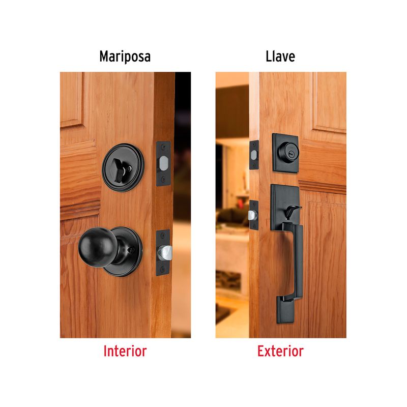 Cerradura pichel Porto negro llave-mariposa Hermex, comparativa del lado interior con mariposa y exterior con llave